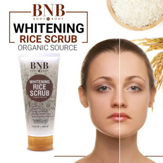 BNB Brightening Rice Scrub, gentle exfoliating face and body scrub, removes dead skin, smoothens and refreshes skin