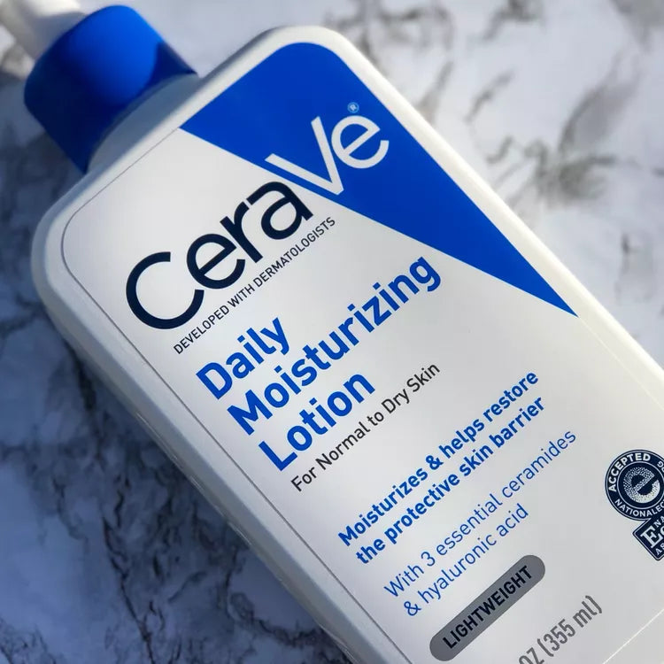 CeraVe Daily Moisturizing Lotion bottle on white towel for gentle hydration
